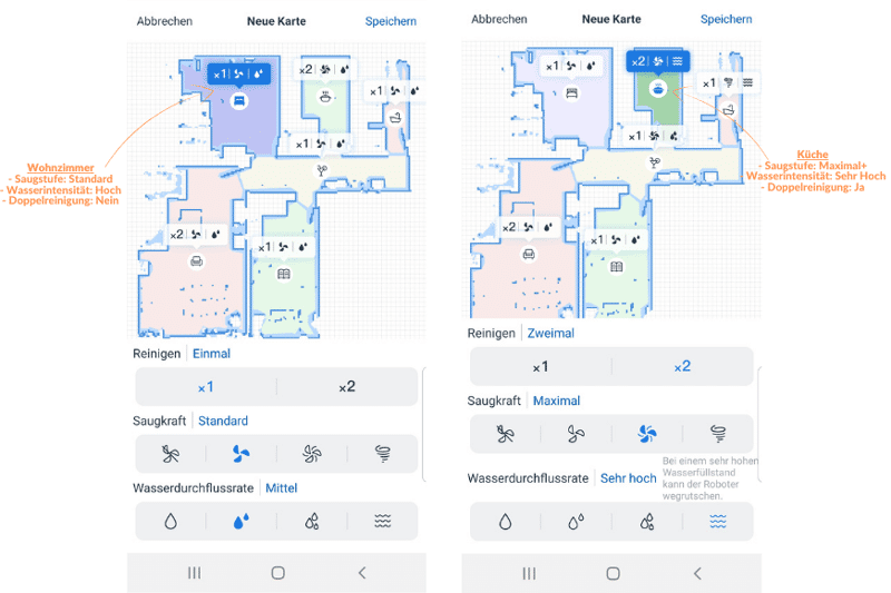 Die Saugstufe wird über die App für jeden Raum einzeln angepasst